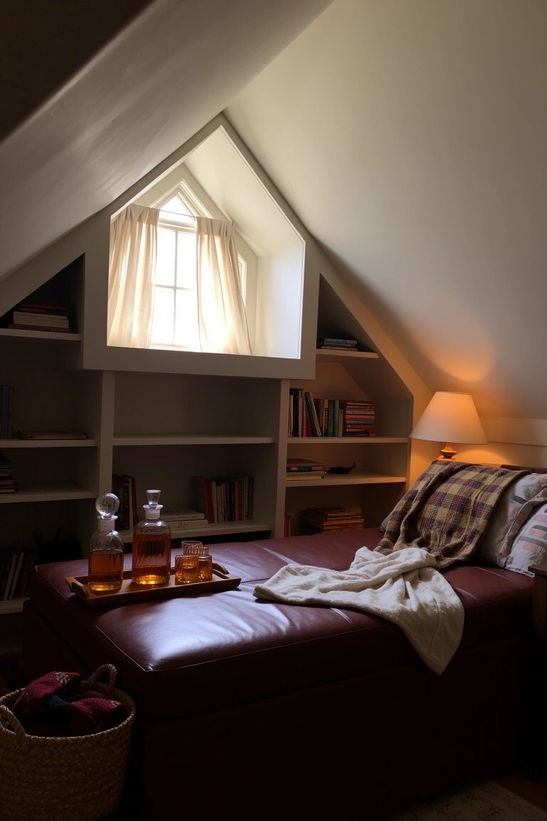 Attic library nook with bookshelves framing a dormer window, leather daybed holding a whiskey tray and blankets