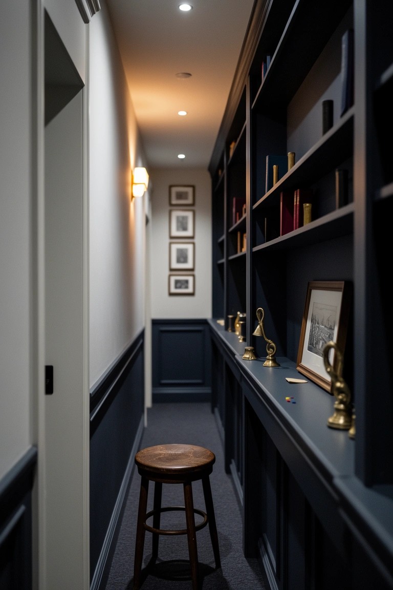 Narrow hallway lined with dark wood bookshelves on one side, brass decor accents, framed art, and a wooden stool at the end