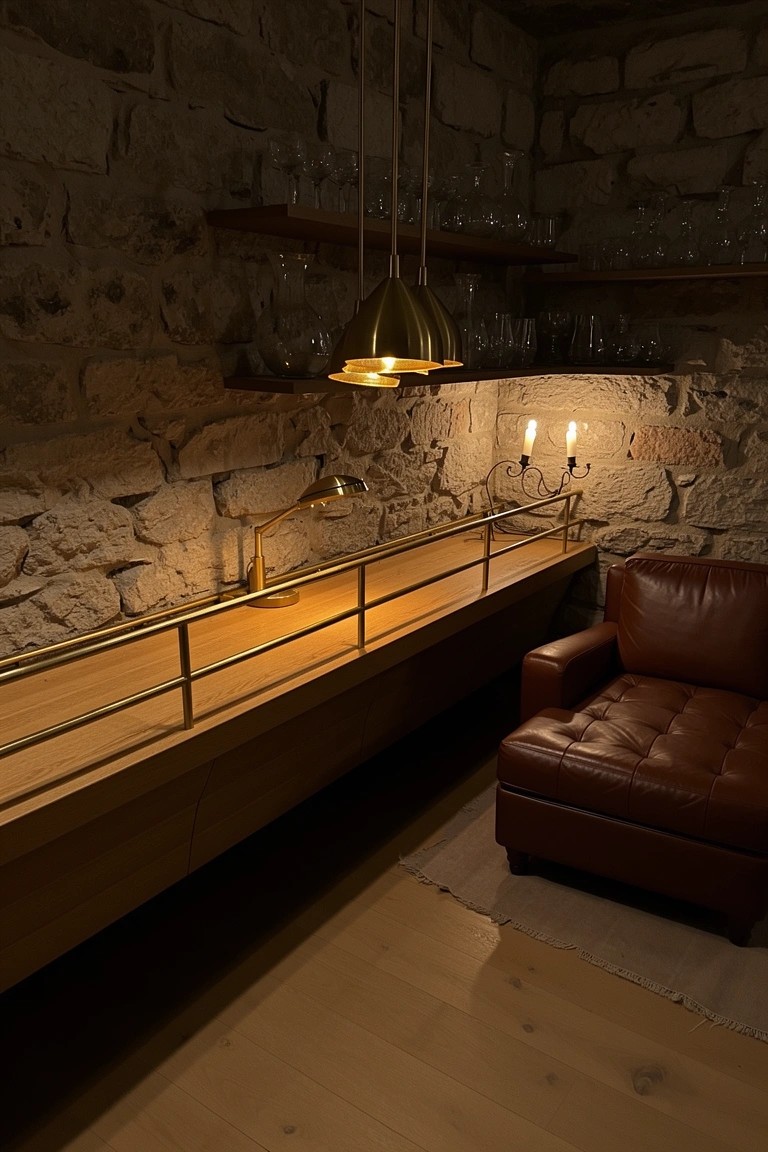 Cozy corner bar with brass counter and railing against stone walls, lit by hanging lamps and featuring a leather armchair