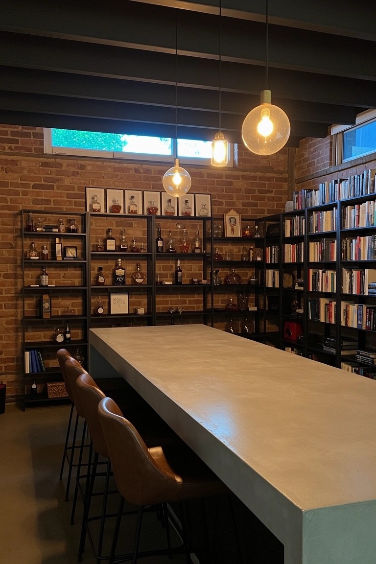 Exposed brick walls with open shelves holding whiskey bottles and books next to a long white bar table and leather stools