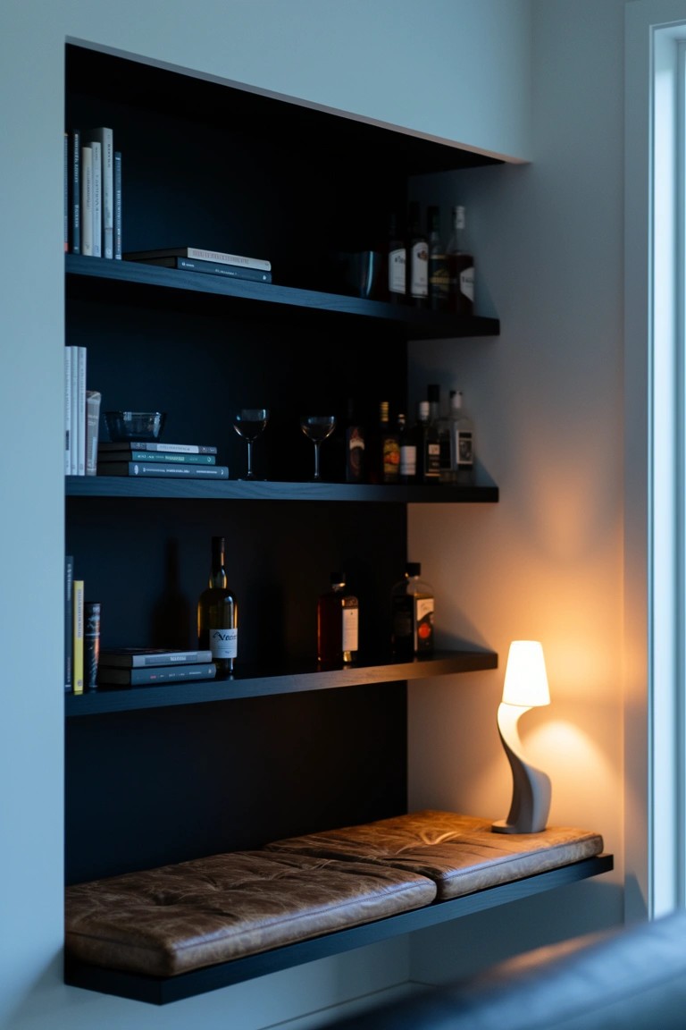 Recessed black wall shelves stocked with books and whiskey bottles, plus a cushioned bench seat and warm lamp light