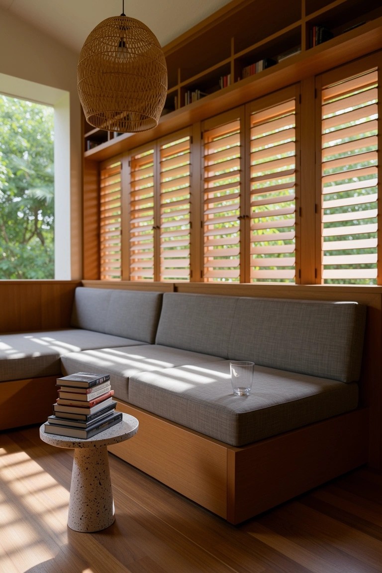 Cozy wooden library nook with built-in gray bench seating by louvered windows, side table holding books and a glass