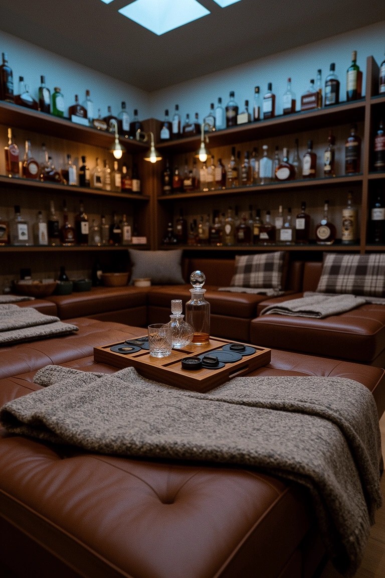 Cozy corner whiskey room with wraparound wooden shelves full of bottles and low leather seating around a central tray