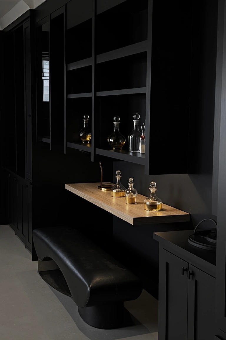 Black built-in cabinetry with open shelves displaying whiskey bottles and decanters, plus a floating oak bar shelf and curved black leather bench below
