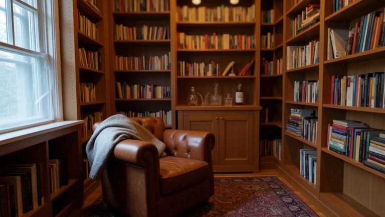 25 Cozy Library Whiskey Room Ideas For A Quiet Escape Cozy library corner with brown leather tufted armchair draped in a light blanket, surrounded by wooden bookshelves holding books and whiskey decanters, lit by a table lamp on a red rug