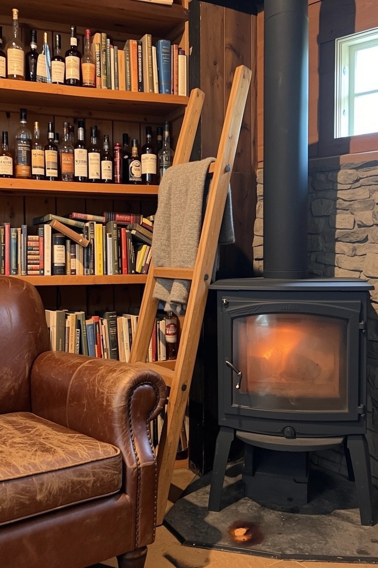 Tall wooden bookshelves filled with books and whiskey bottles, wooden ladder leaning nearby, leather armchair, and wood stove in a cozy cabin room