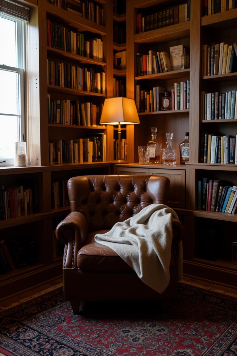 Cozy library corner with brown leather tufted armchair draped in a light blanket, surrounded by wooden bookshelves holding books and whiskey decanters, lit by a table lamp on a red rug