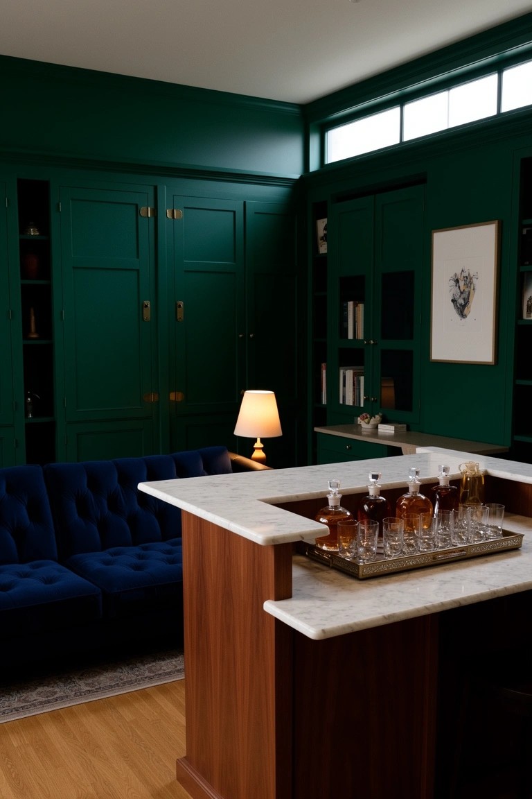 Cozy library room with deep green paneled walls, built-in bookshelves, marble-topped wooden bar counter stocked with whiskey bottles and glasses, and blue velvet sofa