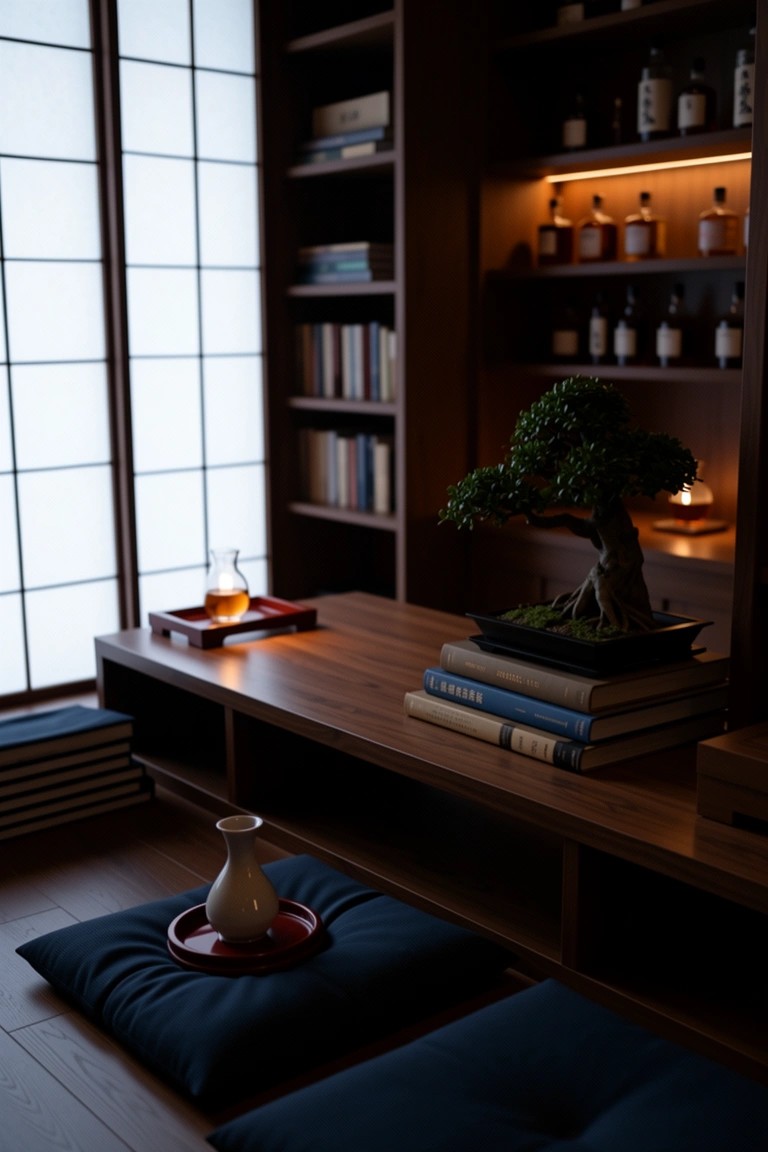 Cozy Japanese-style library room featuring a low wooden table with blue floor cushions, bonsai tree, stacked books, and whiskey bottles on built-in wooden shelves