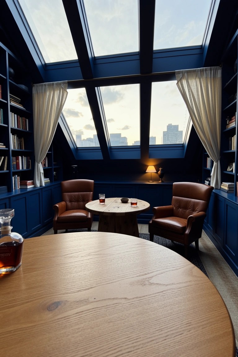 Navy blue library room with skylights, built-in bookshelves, leather armchairs, and round wooden table holding whiskey decanter and glasses