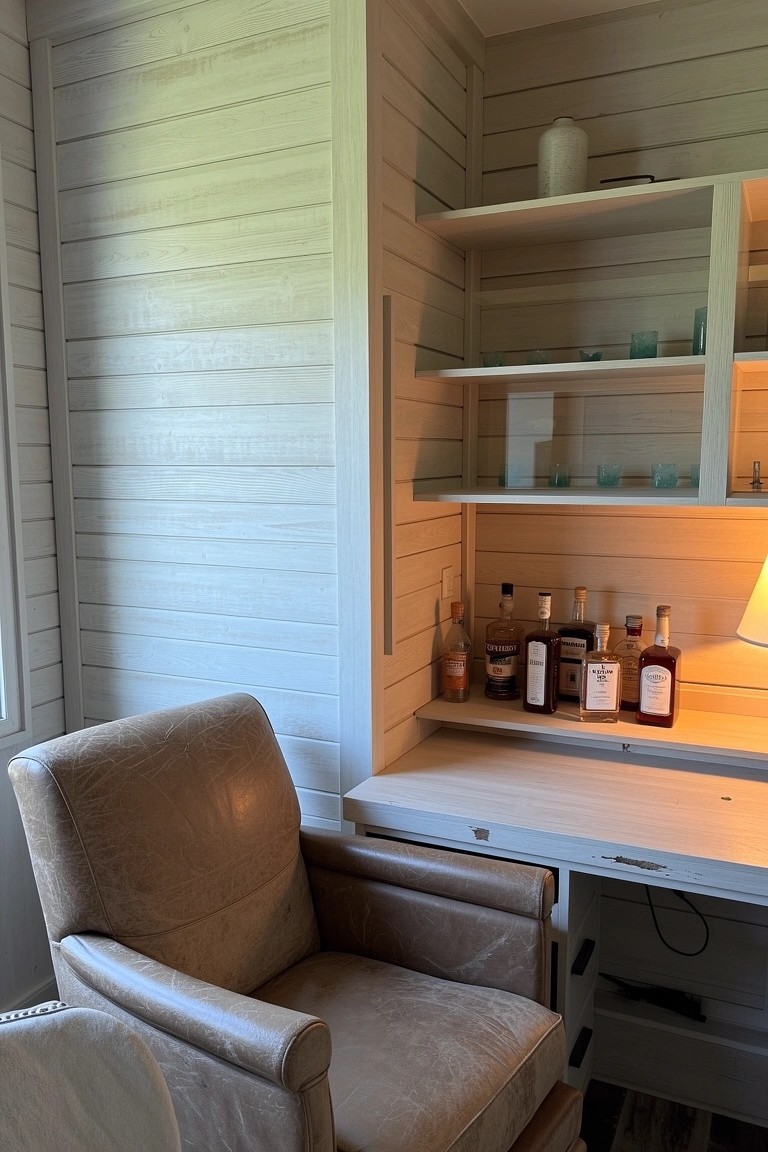 Cozy corner nook with white shiplap walls, open shelves holding whiskey bottles and glasses above a wooden desk, tan leather armchair nearby