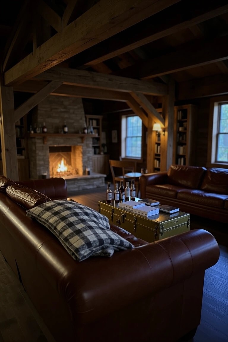 Rustic library whiskey room with exposed timber beam ceiling, stone fireplace, leather sofas, and table displaying whiskey bottles