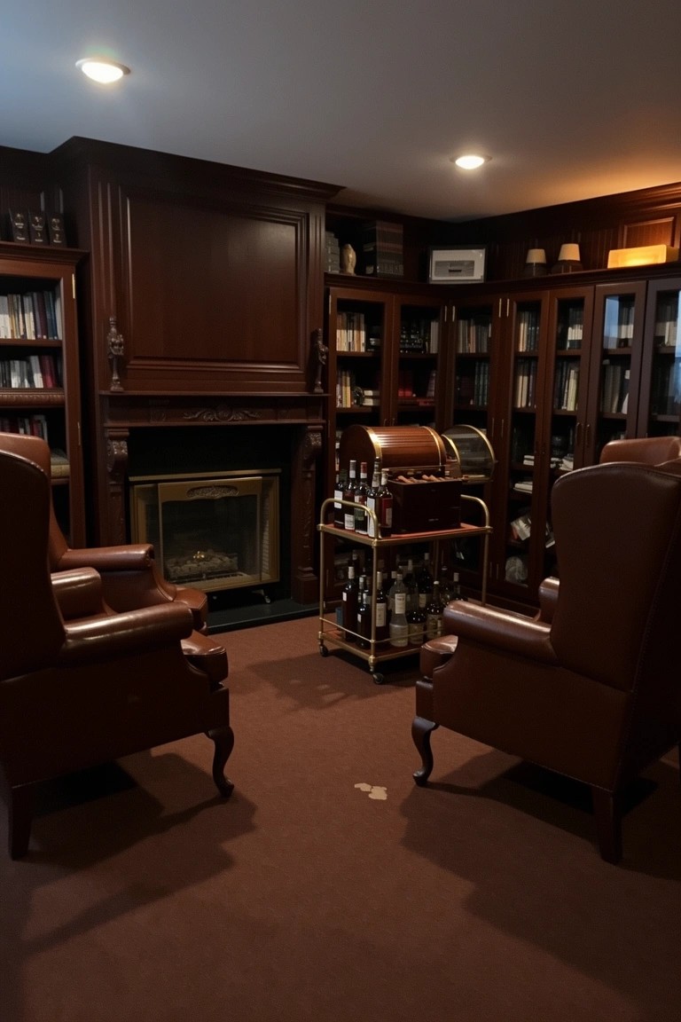 Wood-paneled library room with dark built-in bookshelves, gas fireplace, leather armchairs, and bar cart holding whiskey bottles
