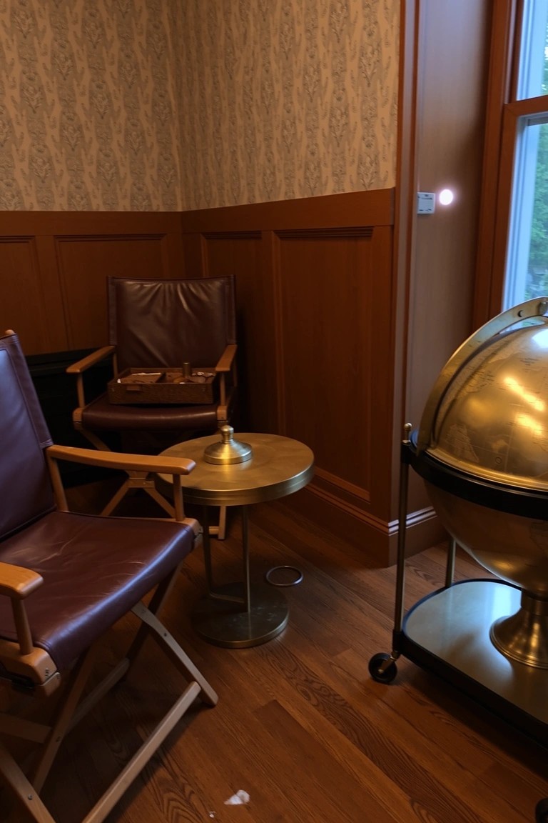 Masculine sitting room corner with wood wainscoting, brown leather director's chair, brass side table with lamp, and brass globe cart on wood floors