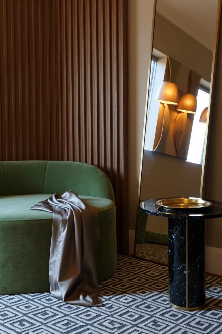 Green velvet curved sofa against wood slat wall with black marble side table and tall mirror in a sitting room corner