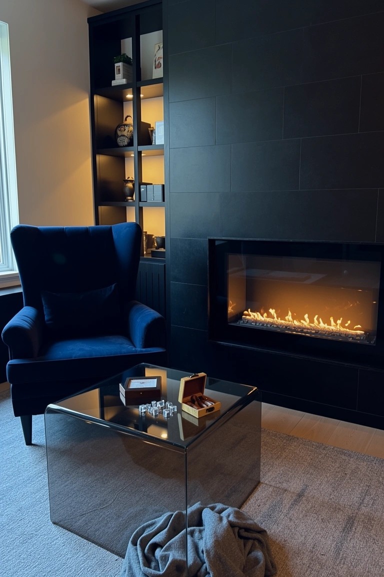 Moody sitting room featuring a sleek gas fireplace set into a black tiled wall with integrated dark cabinets and shelves, a blue velvet wing chair, mirrored cube coffee table, and wool throw on a light rug