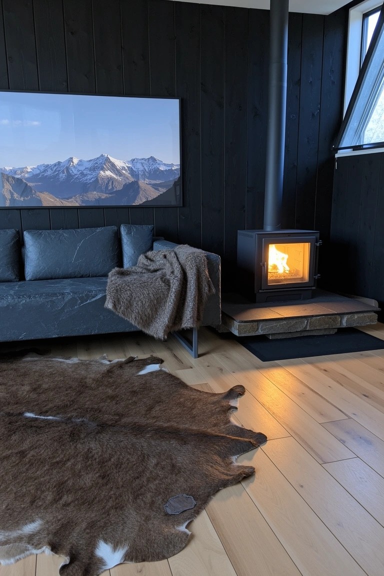 Masculine sitting room featuring dark vertical wood-paneled walls, freestanding black wood stove with active fire, gray sofa with throw blanket, cowhide rug on light oak floors, and framed mountain landscape print