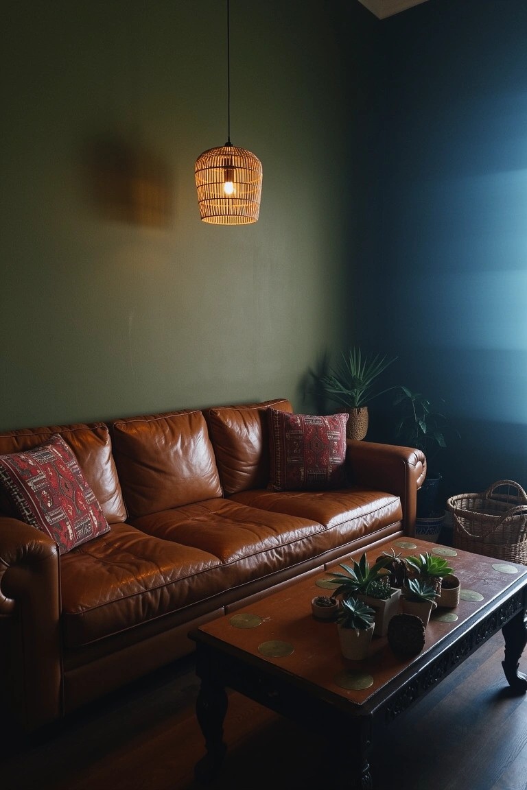 Cozy sitting room corner with deep green walls, brown leather sofa topped with red cushions, wooden table holding potted plants, and woven pendant lamp