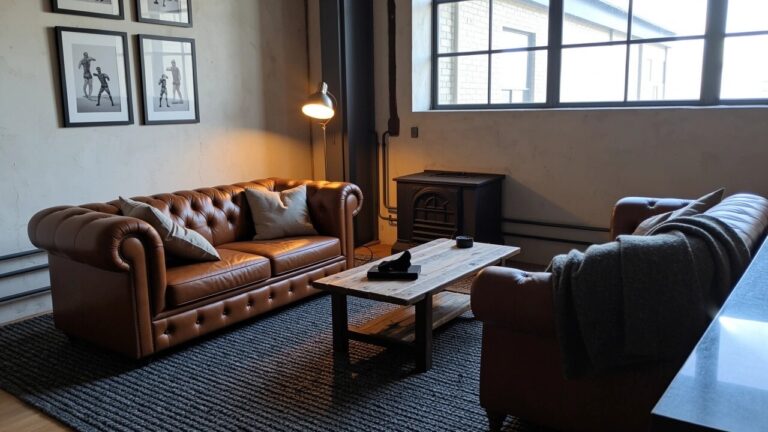 Masculine industrial sitting room with brown leather Chesterfield sofa, exposed beams, metal pillar, wood coffee table, and large windows