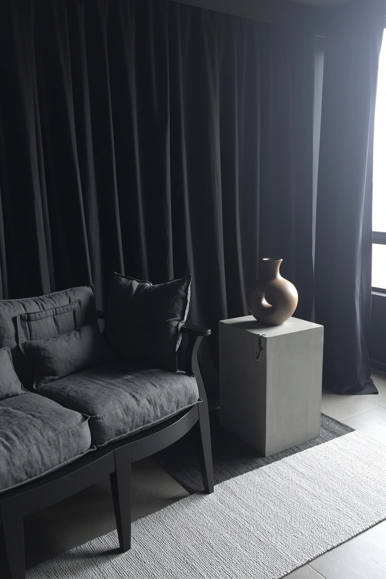 Dark sitting room corner with floor-to-ceiling black curtains framing a low linen sofa, concrete pedestal table holding terracotta vase, and white rug on wood floor
