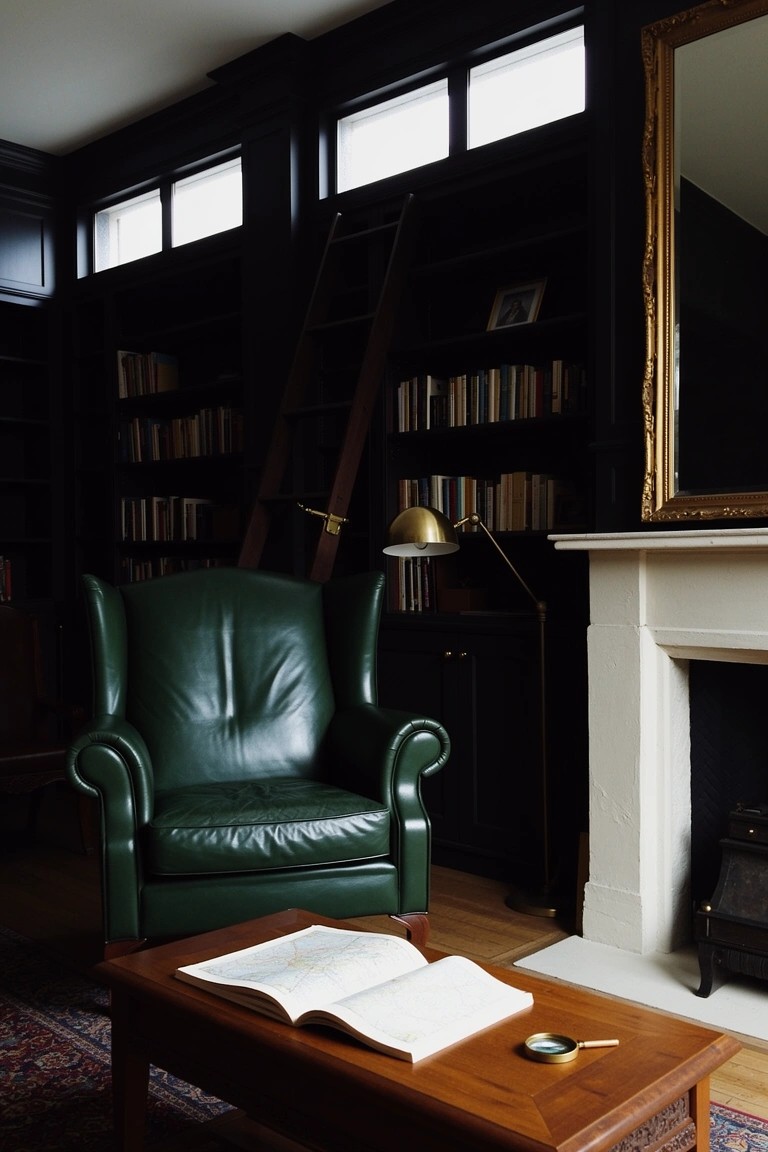 Dark-paneled sitting room with floor-to-ceiling bookshelves and wooden ladder, green leather armchair by fireplace, wooden coffee table holding open book