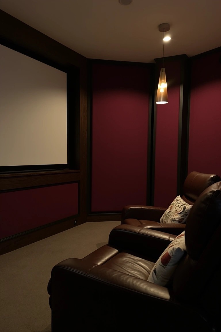 Home theater room with deep maroon walls, projection screen, dark wood accents, and two tan leather recliner chairs with patterned pillows
