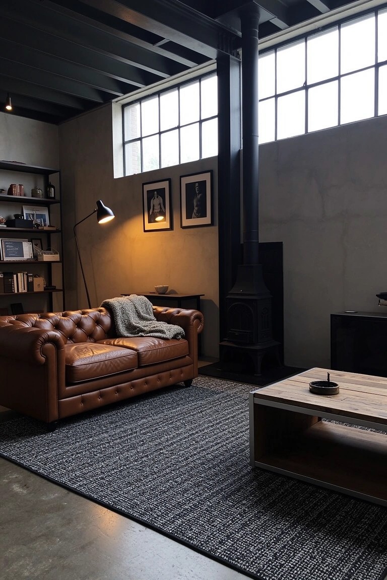 Masculine industrial sitting room with brown leather Chesterfield sofa, exposed beams, metal pillar, wood coffee table, and large windows