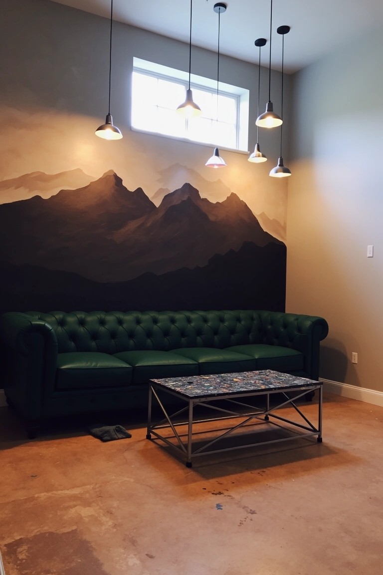 Masculine sitting room with dark mountain mural on accent wall, green tufted leather sofa, metal coffee table, pendant lights, and polished concrete floor