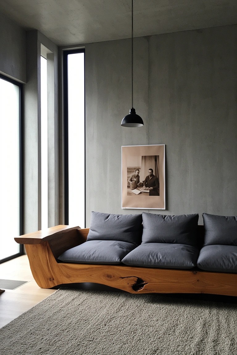 Masculine sitting room featuring a low wooden sofa with natural wood base and gray cushions against concrete walls and large windows