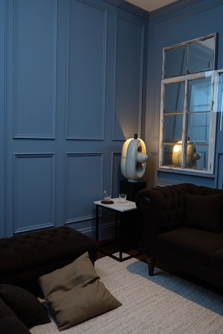 Masculine sitting room corner with navy blue paneled walls, dark leather sofa, white sculptural lamp on side table, and multipane mirror
