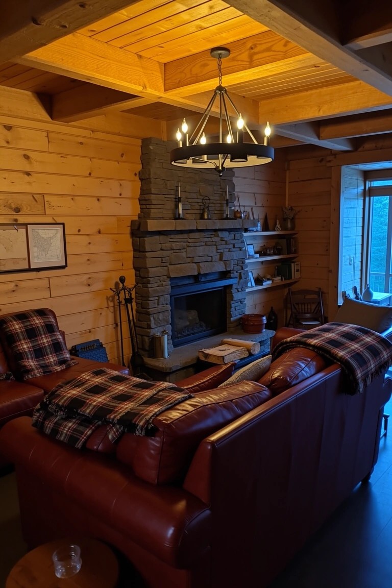 Masculine log cabin sitting room with wood-paneled walls and ceiling, stone fireplace, leather sofas with plaid blankets