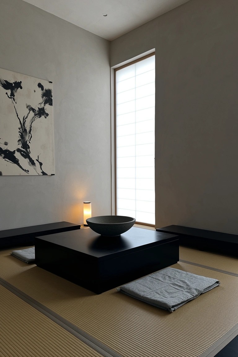 Minimalist sitting room with central low black table on tatami mats, gray cushions, ceramic bowl, and shoji window