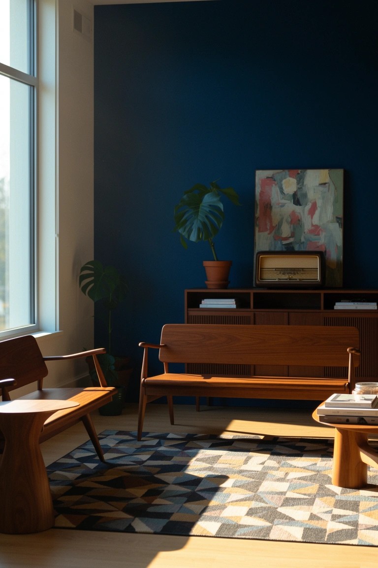 Masculine sitting room with wooden bench, chairs, credenza against deep blue wall, geometric rug, and potted plant