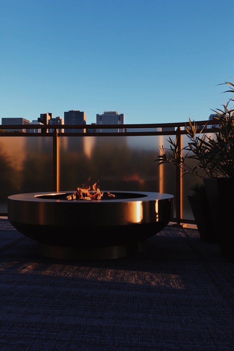Round stainless steel fire pit centered on an outdoor balcony deck with frosted glass railing and potted bamboo plants