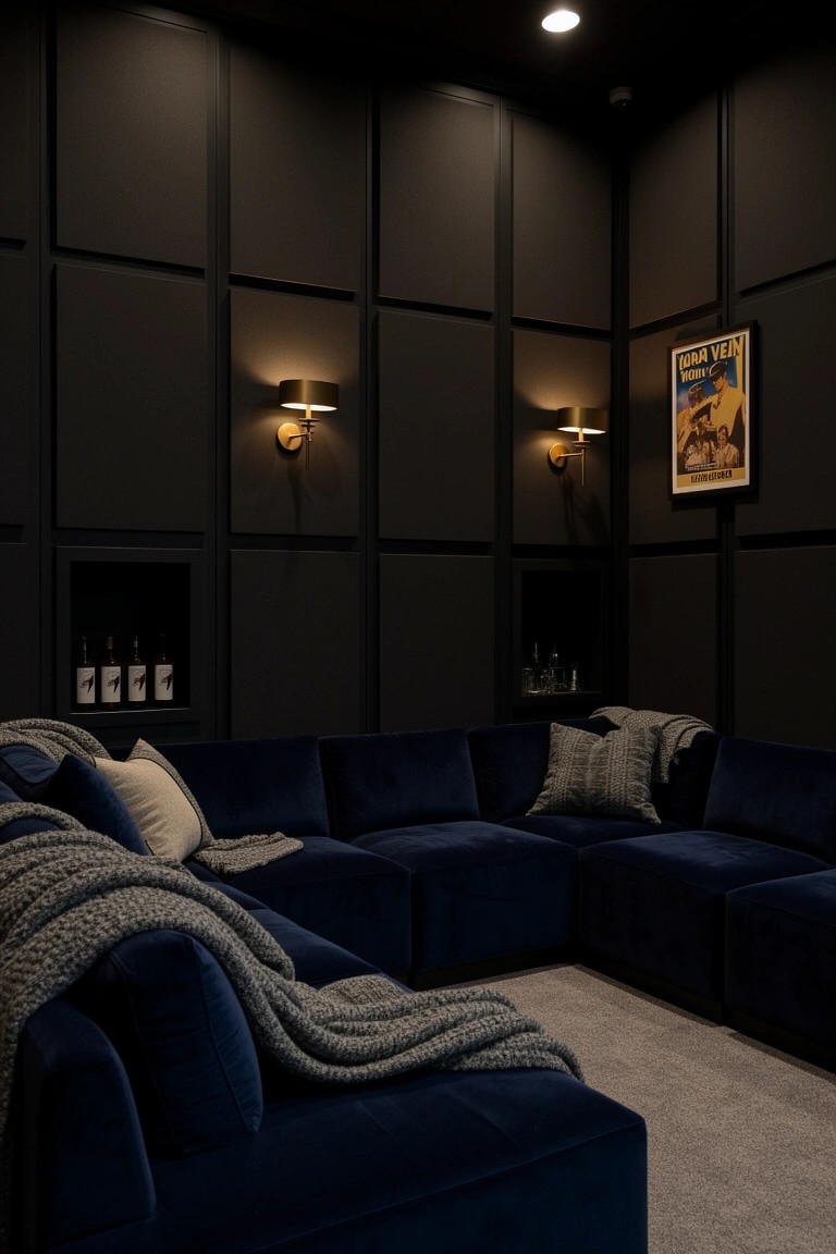 Dark paneled corner lounge with deep blue velvet L-shaped sectional sofa, gray throws, and recessed shelves holding liquor bottles