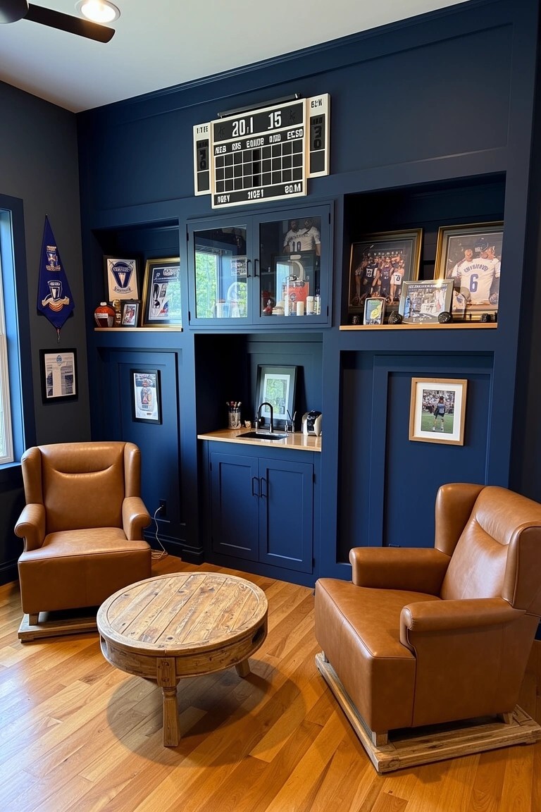 Navy blue corner room with built-in glass cabinets displaying sports jerseys and photos, leather armchairs, and wooden coffee table