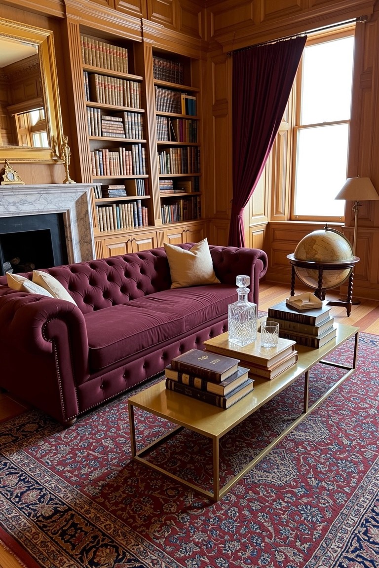 Wood paneled library room with maroon tufted Chesterfield sofa, brass coffee table holding books and decanter, globe stand, and Persian rug