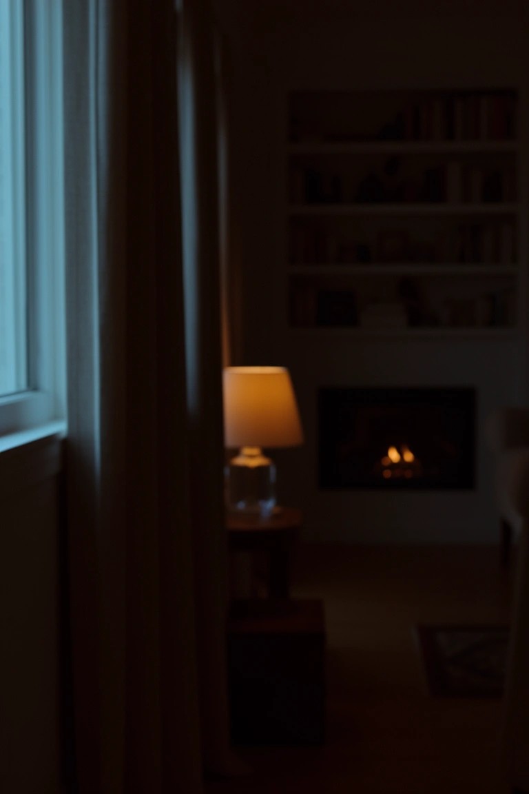 Dimly lit cozy room corner with glowing fireplace, table lamp on side table, bookshelves, and window with curtains