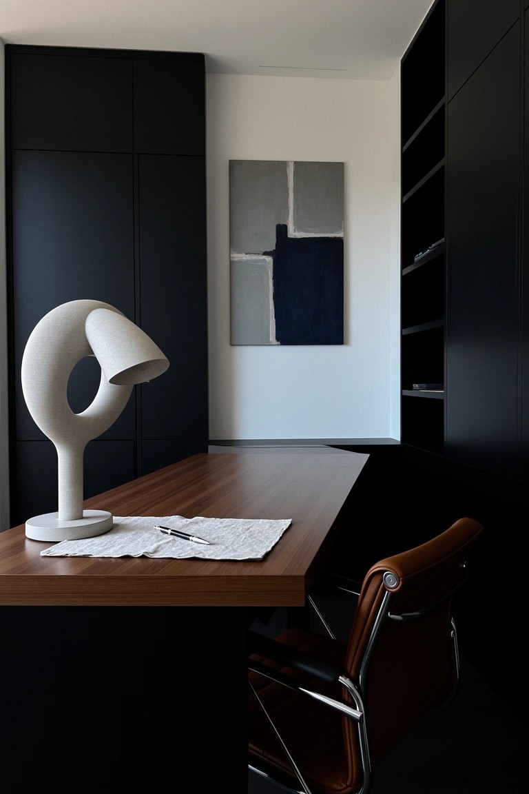 Modern home office desk topped with sculptural white lamp, flanked by tall black built-in cabinets and shelves, wood surface, leather chair