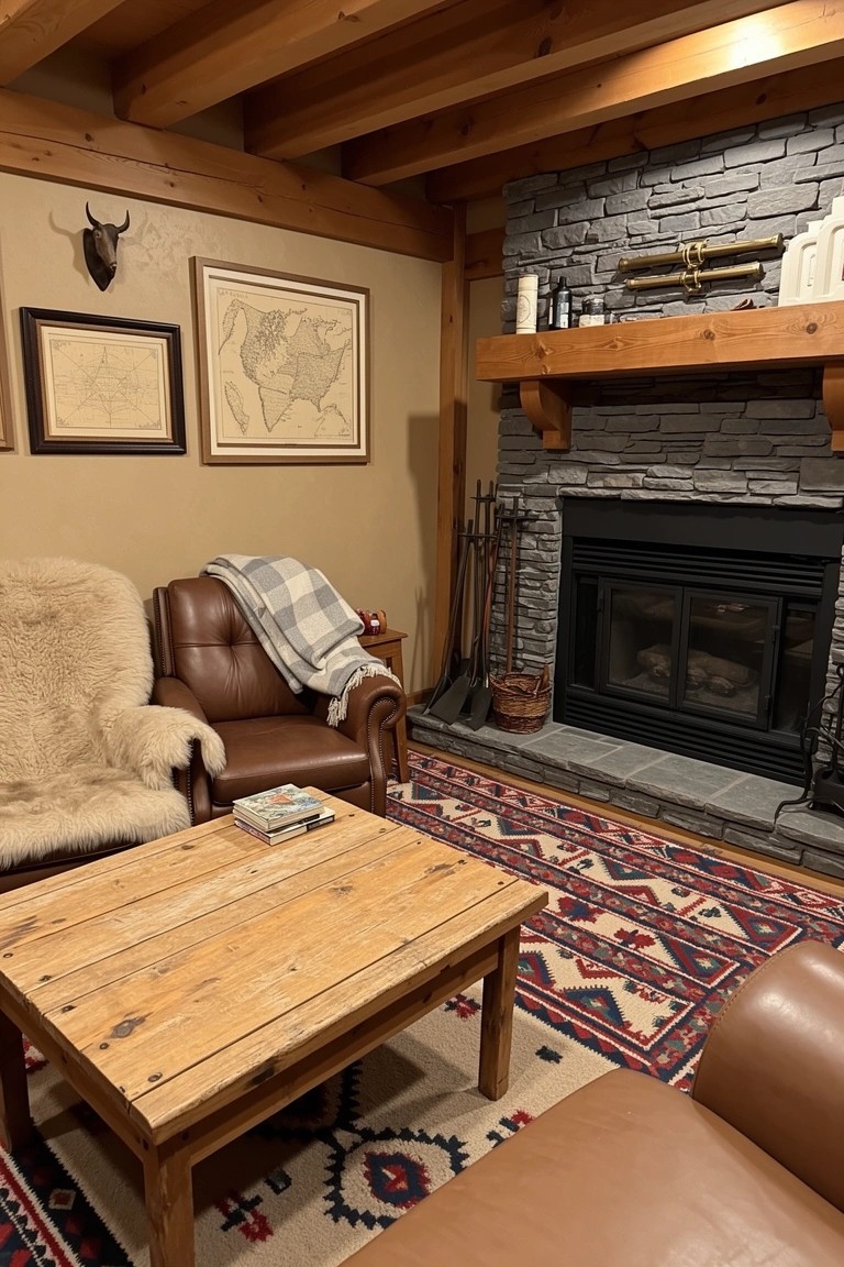 Cozy rustic room with exposed wooden ceiling beams, stone fireplace, leather armchairs with sheepskin throw, wooden coffee table, and patterned rug