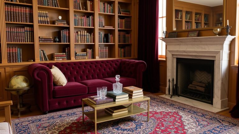 24 Refined Gentleman Room Man Cave Ideas For Ultimate Relaxation Wood paneled library room with maroon tufted Chesterfield sofa, brass coffee table holding books and decanter, globe stand, and Persian rug