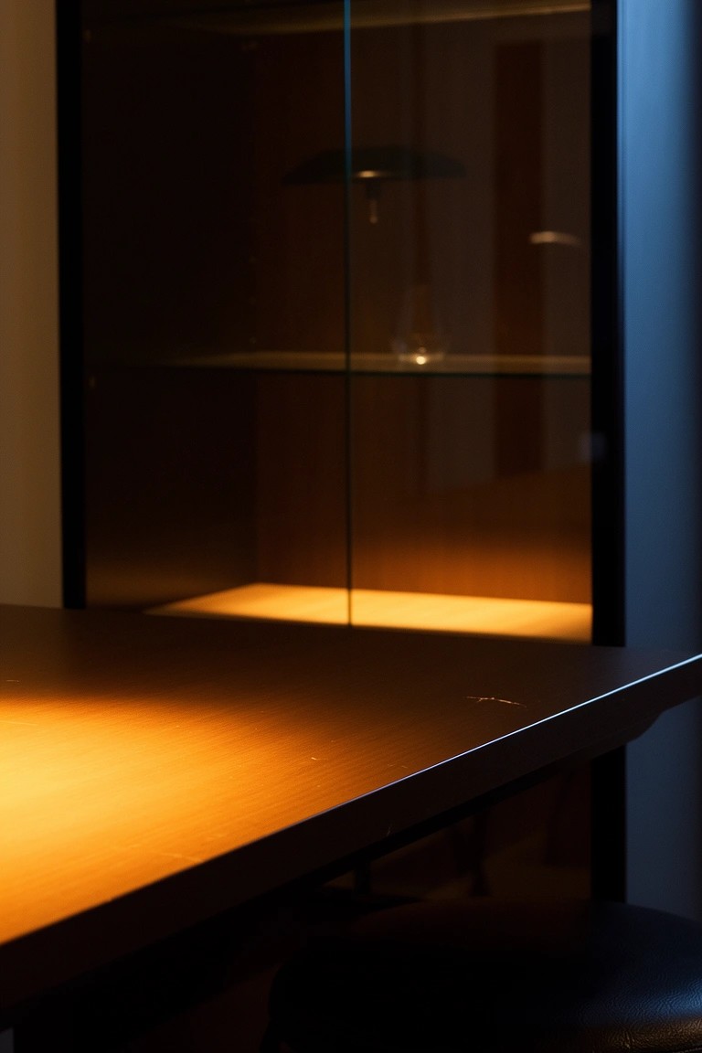 Dark wooden cabinet with glass doors displaying items, positioned beside a wooden table and stool in warm low light