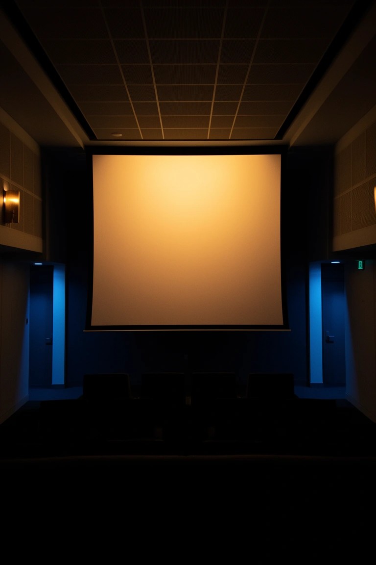 Dimly lit home theater room with large projection screen, blue side lighting, and tiered seating area