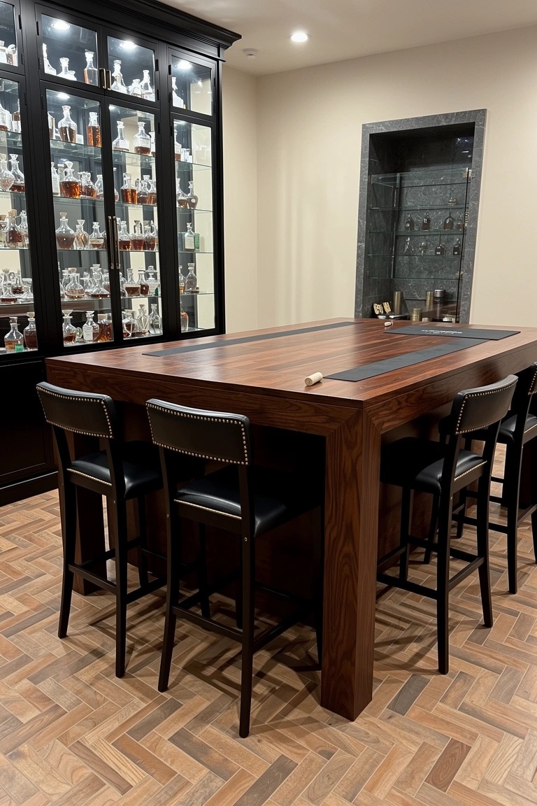 Large dark wood bar table with black leather stools surrounded by glass liquor cabinets in a home man cave