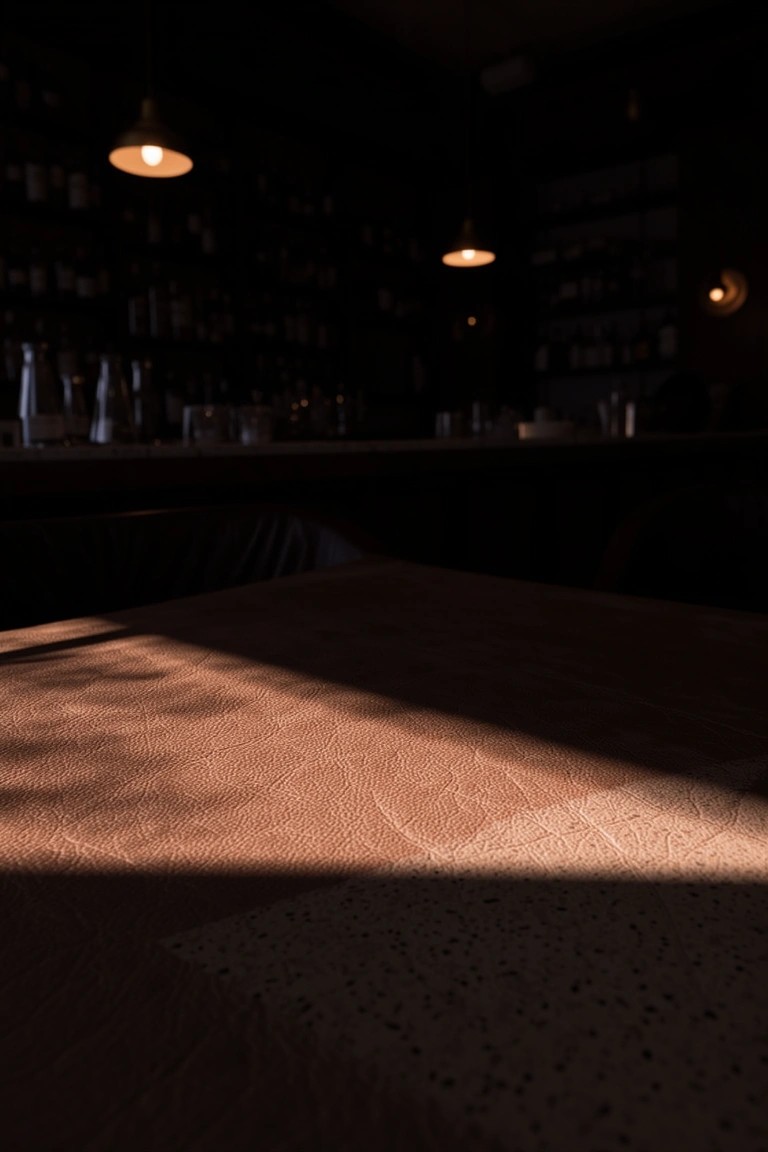 Leather-covered bar counter in a dimly lit home bar with pendant lights and bottle shelves