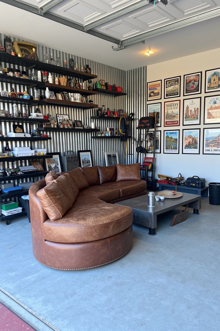 Garage man cave with corrugated metal walls covered in shelves holding books, models, and posters, plus a curved brown leather sofa and metal coffee table