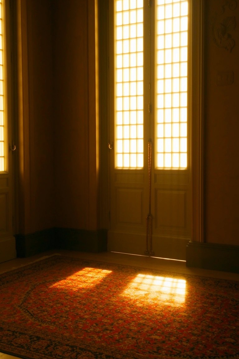Room corner with tall double doors featuring gridded glass letting sunlight fall on a red and gold oriental rug against warm yellow walls