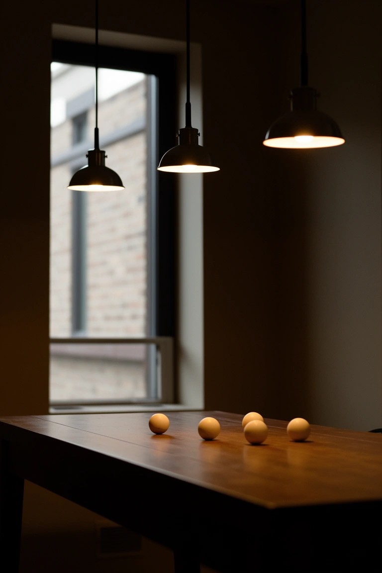 Wooden table in room corner under three black pendant lights with white balls on top