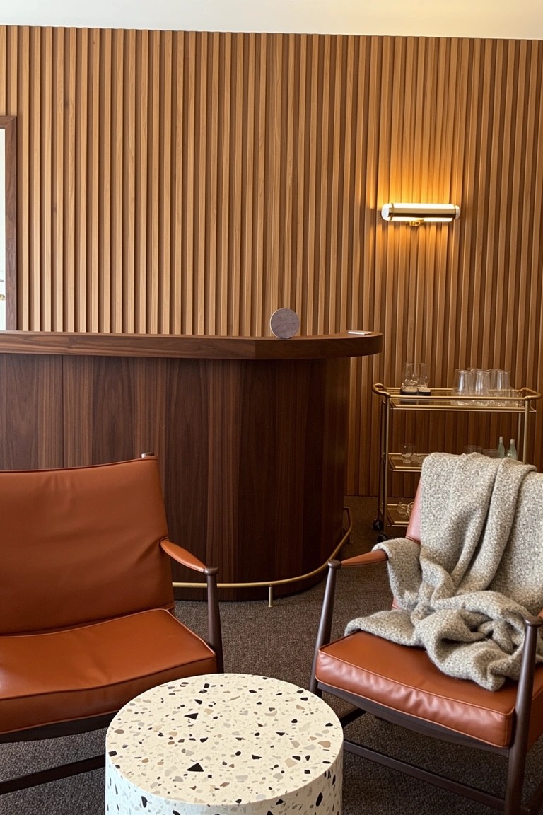 Curved wooden bar counter with slatted wood walls, orange leather chairs, terrazzo table, and bar cart in a cozy lounge area