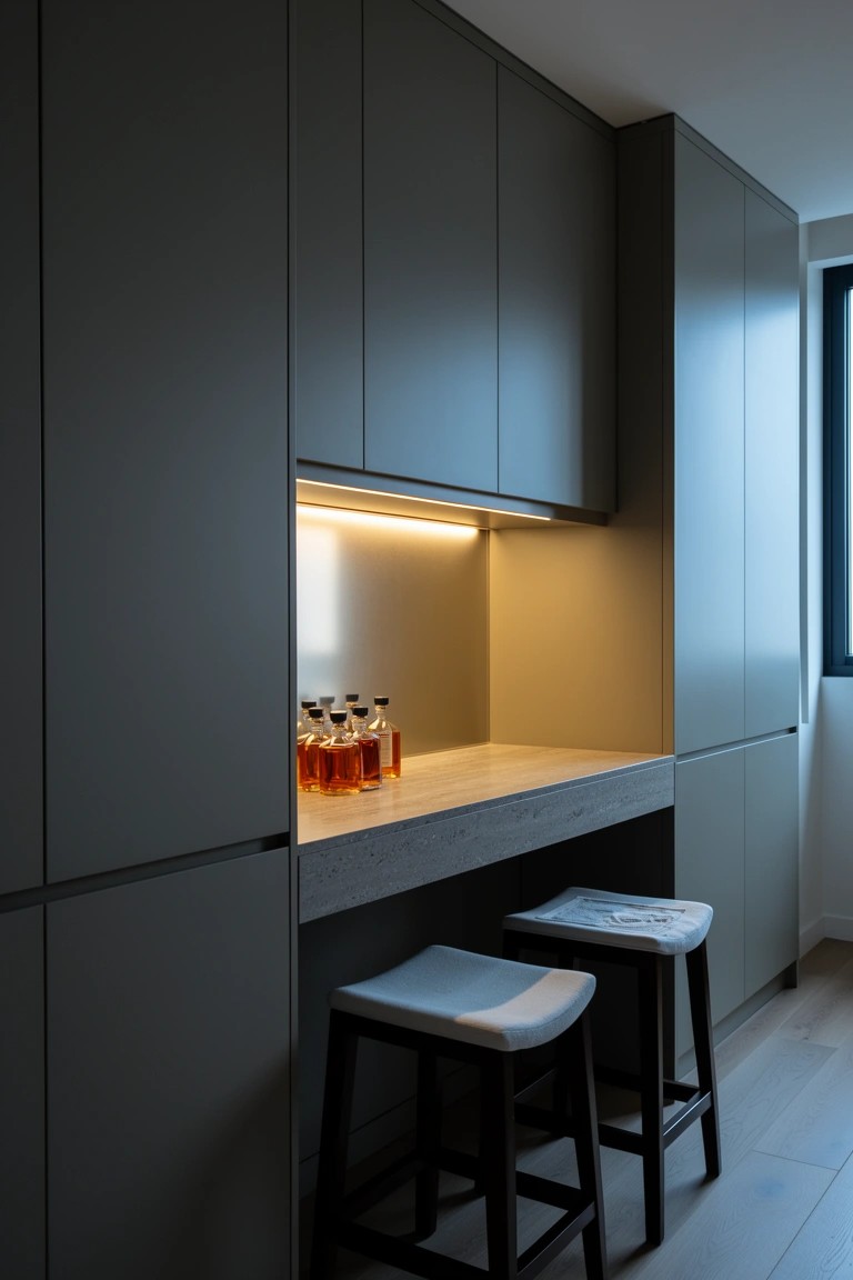 Tall gray cabinets with recessed backlit niche displaying whiskey bottles on a wooden bar counter with stools